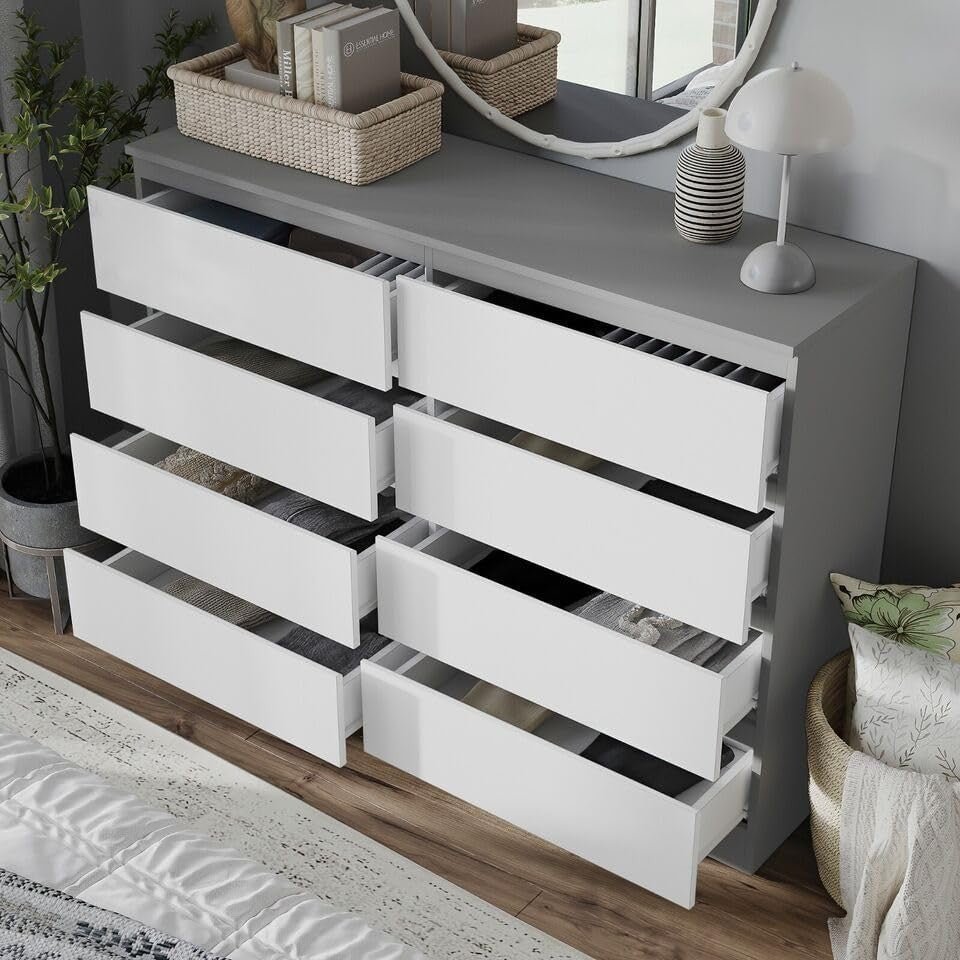 Grey White 8 Drawer Chest Modern Bedroom Storage Cabinet Tall Dresser
