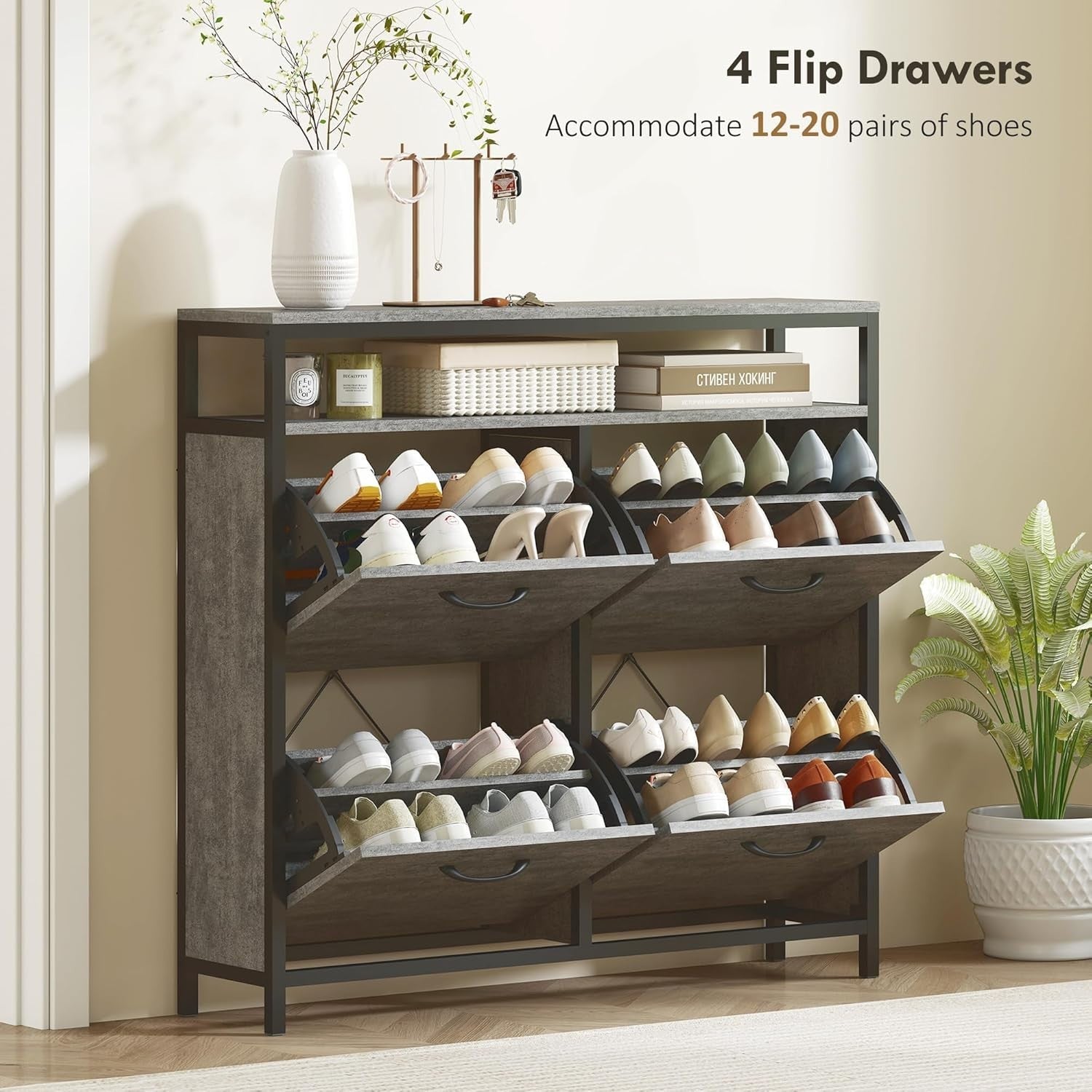 Slim Industrial Shoe Cabinet 4 Flip Drawers Hallway Storage 98x24x95cm
