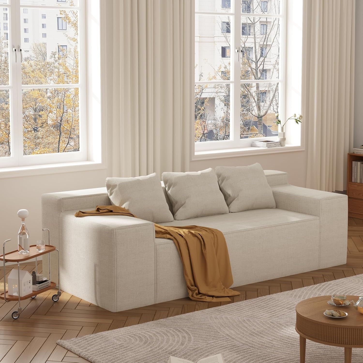 Beige Sofa in a Box 3 Seater Fabric Couch Small Space No Assembly