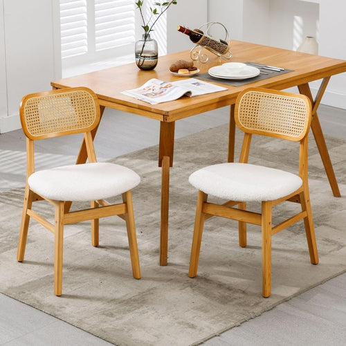 Rattan Dining Chairs Set of 2 Upholstered Retro Kitchen Chairs Solid Wood Legs