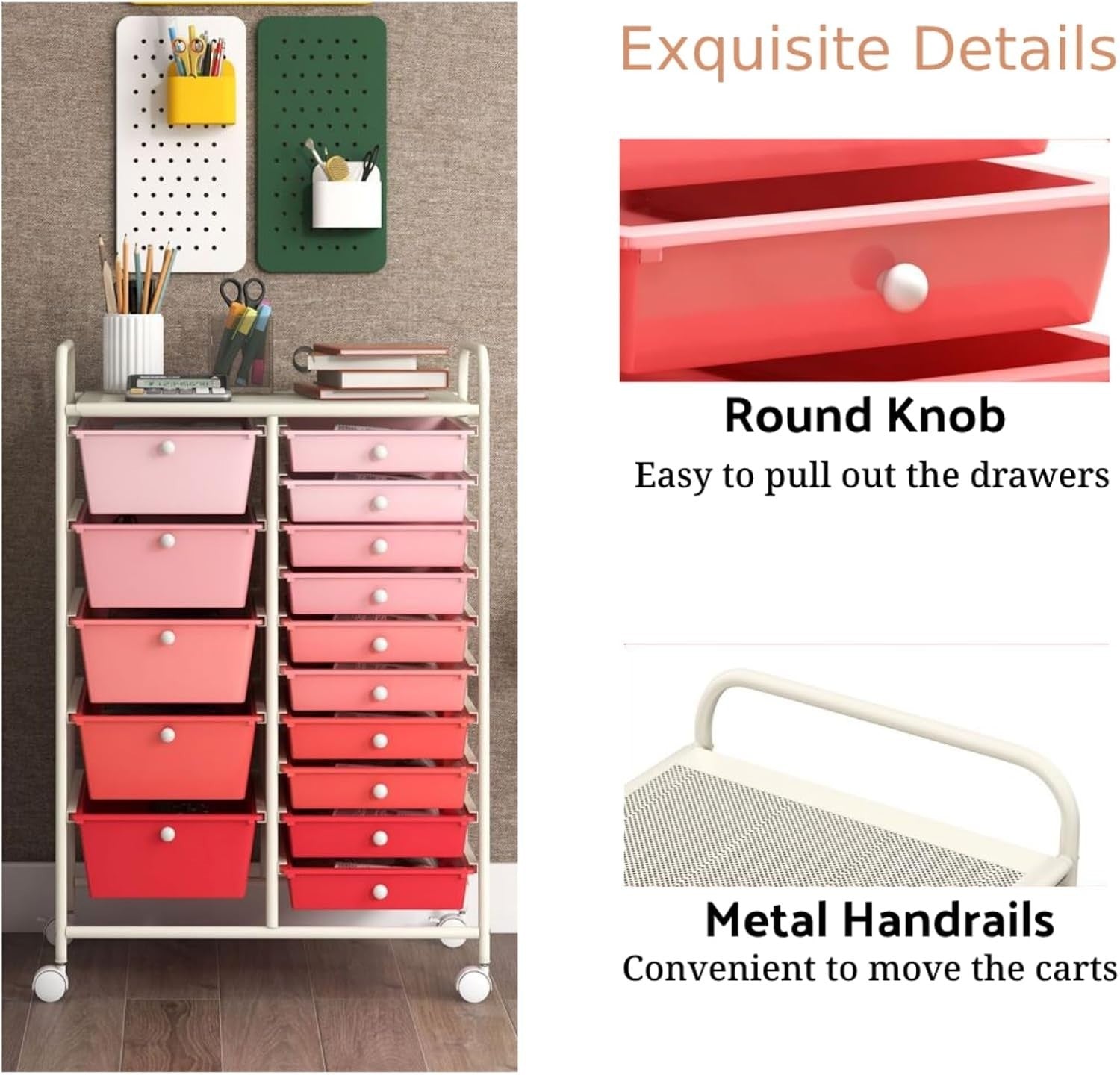 15 Drawer Rolling Storage Trolley Gradient Pink Organizer Cart