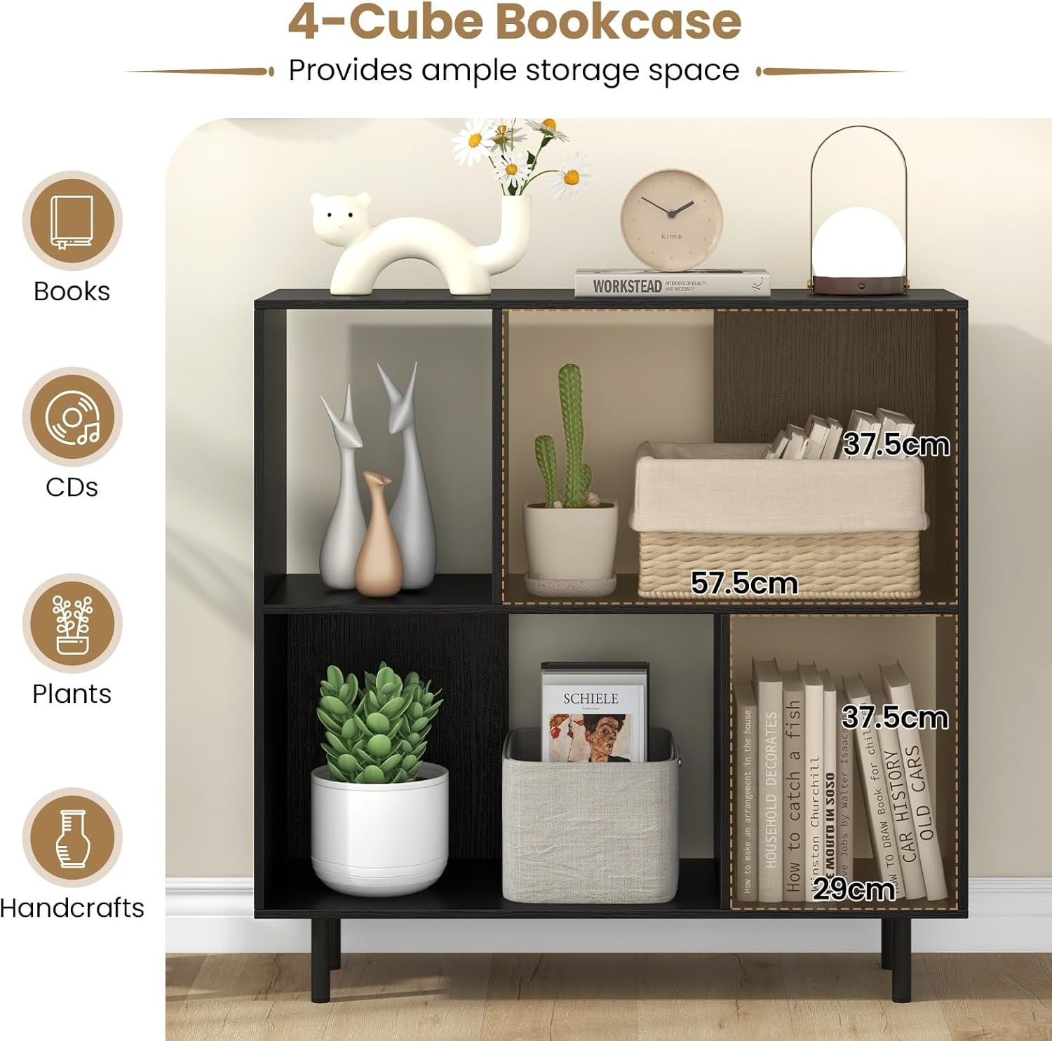 4-Cube Storage Bookcase Wooden Shelves Metal Legs Anti-Tip 90x30x90cm