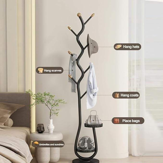 Luxury Black Metal Coat Rack Stand | Freestanding Tree Hall Stand with Marble