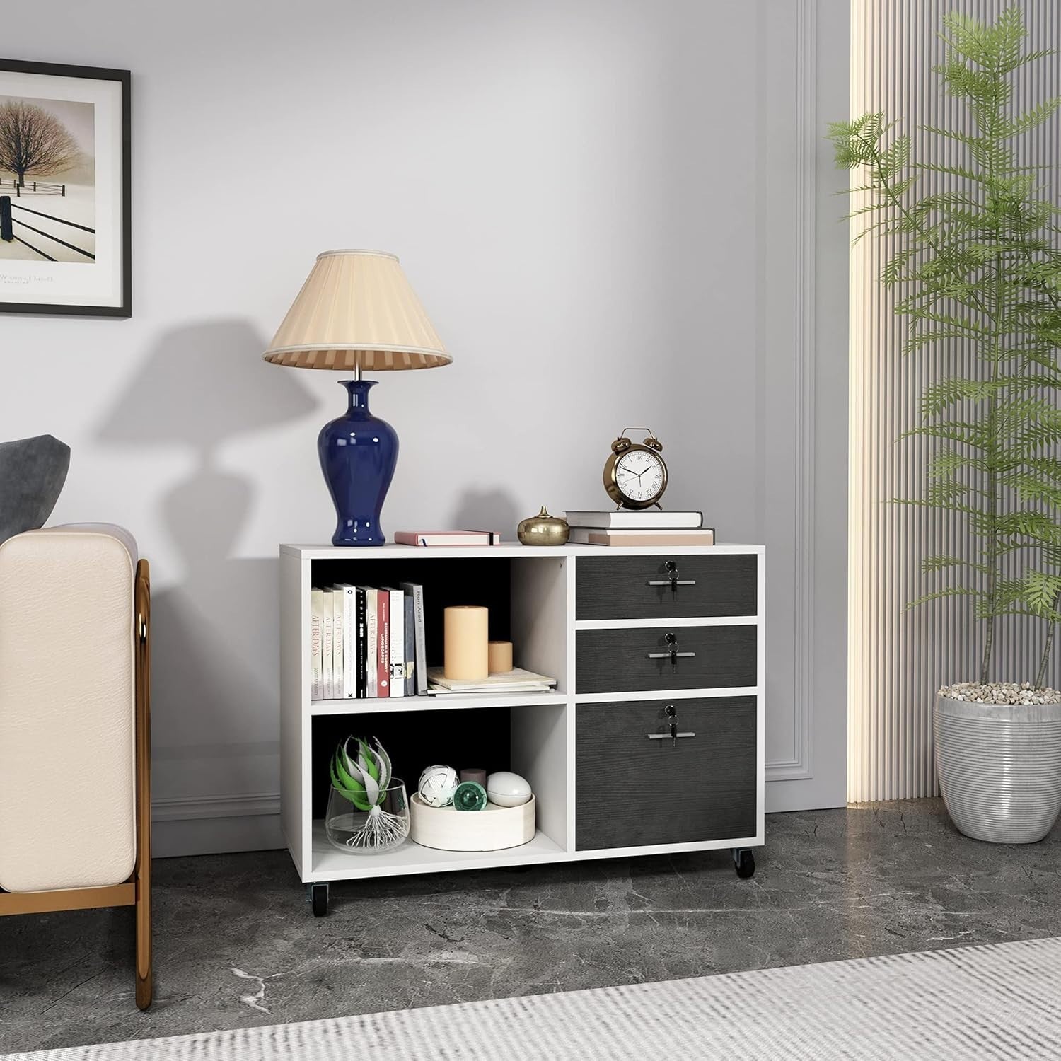 3 Drawer Mobile Wood File Cabinet Printer Stand with Shelves White Black