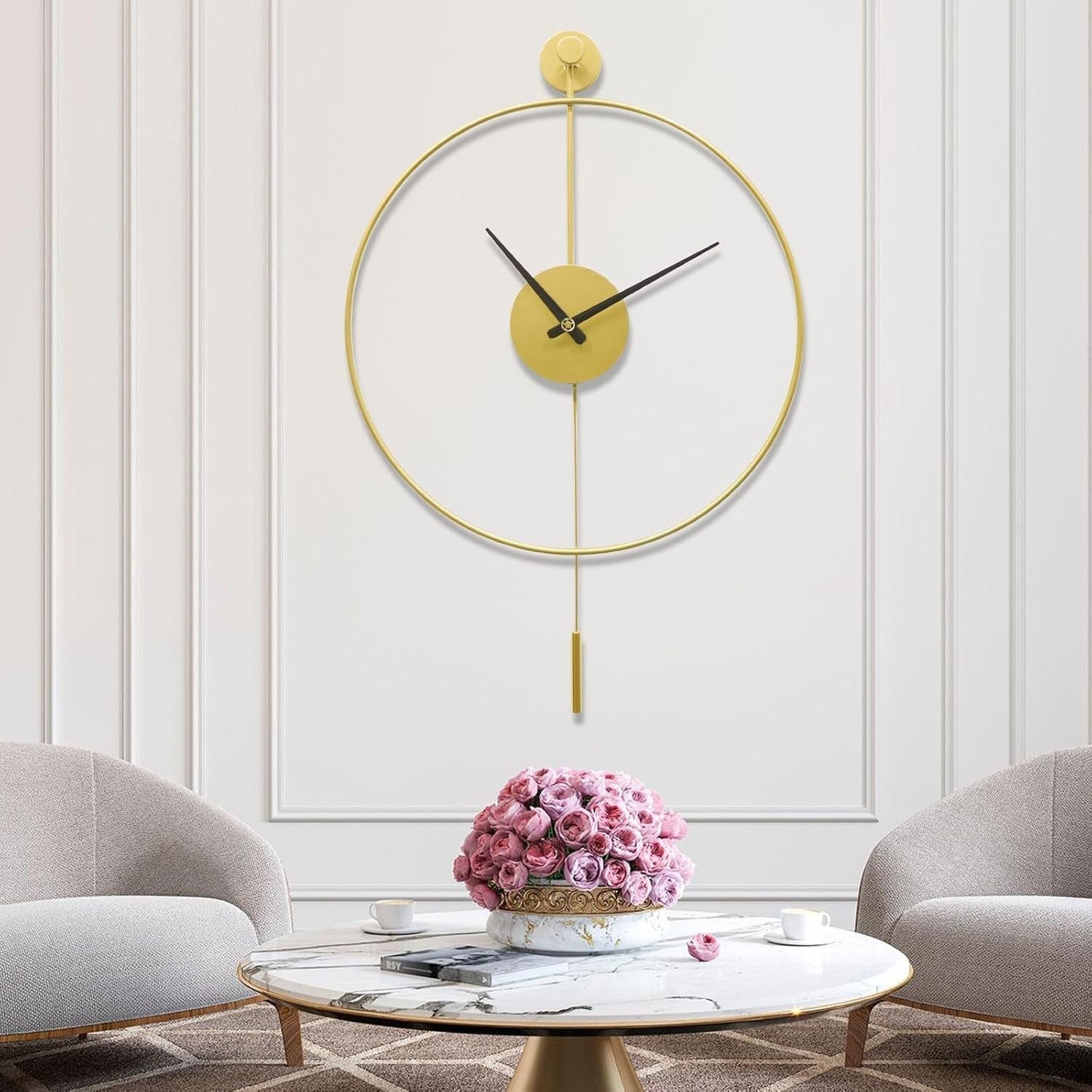 Luxury Silent Wall Clock Gold 20" Modern Metal Decor w/ Pendulum Home