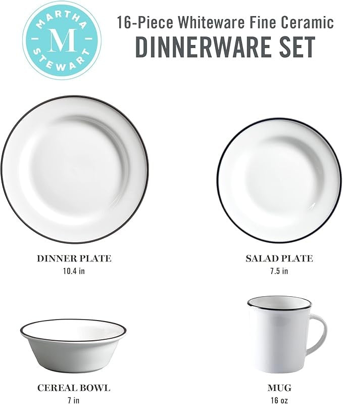 16pc Porcelain Dinnerware Set White Black Rim Plates Bowls Mugs Dishwasher Safe