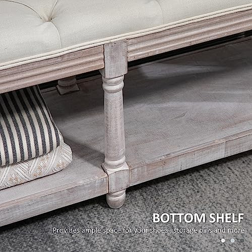Cream White Upholstered Bed End Bench with Shelf, Tufted Seat Storage