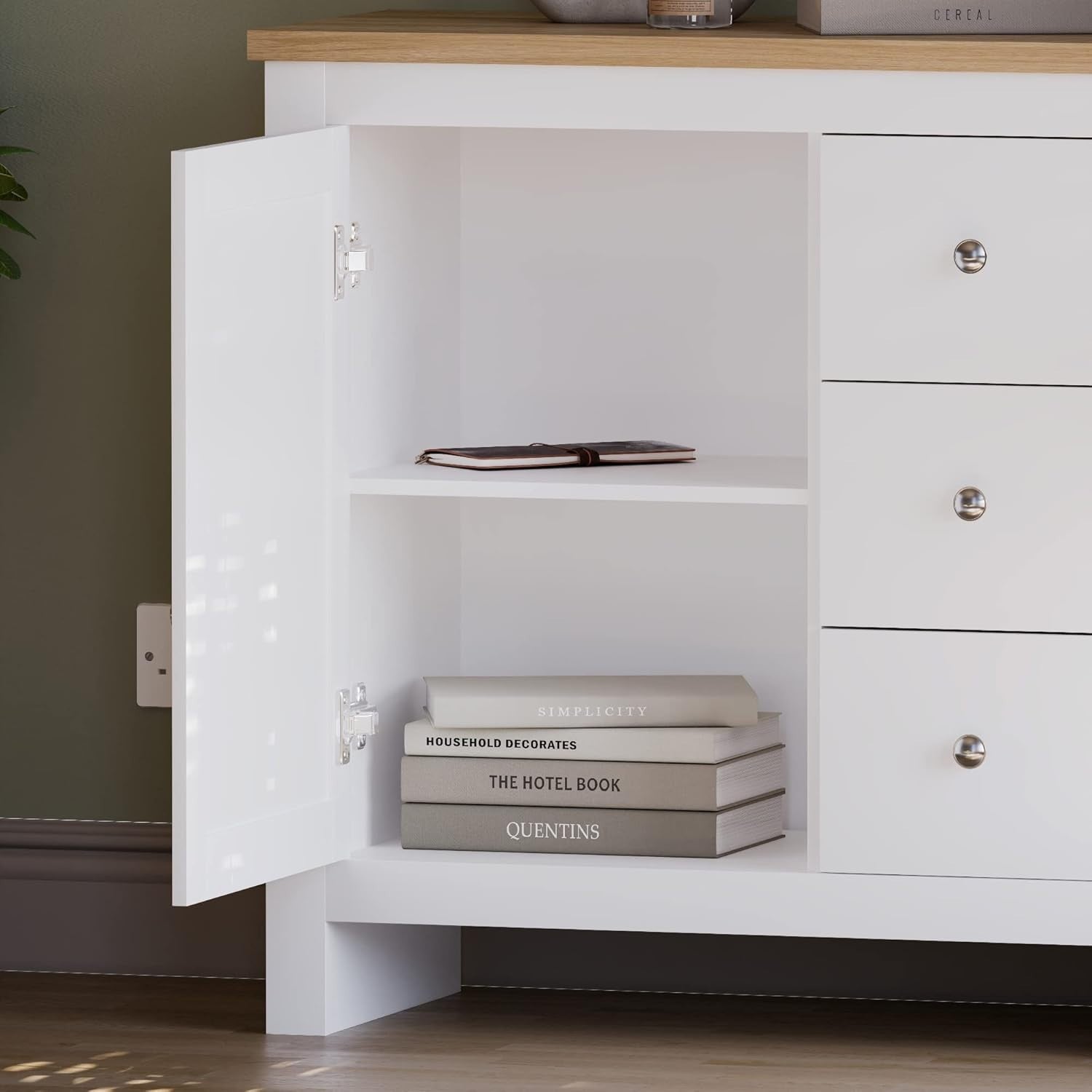 White Sideboard Cabinet with 3 Drawers Oak Top Storage Unit Hallway Slim