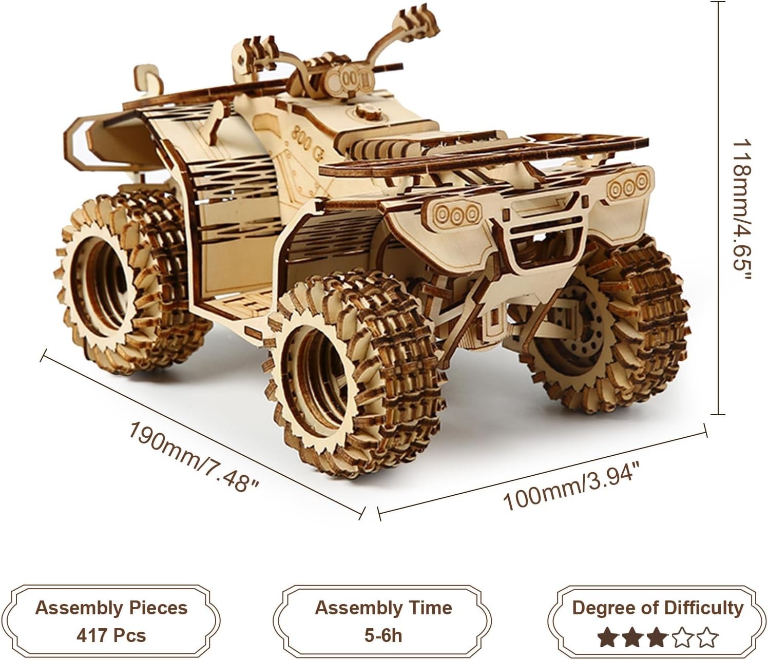 3D Wooden Motorcycle ATV Puzzle DIY Model Kit, Mechanical Fun, 417 PCS
