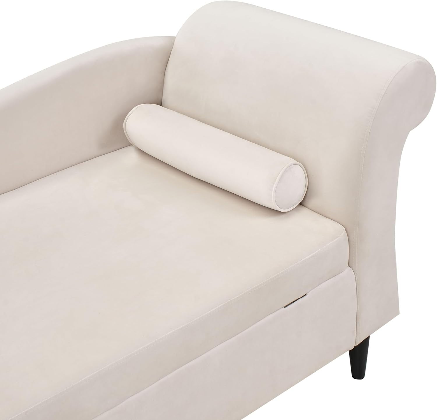 Right Hand Beige Velvet Chaise Lounge with Storage Soft Padding Wood Legs
