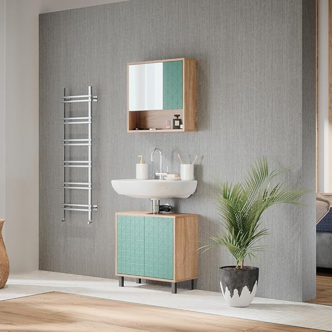 Mint Green Oak Sink Cabinet 56cm Bathroom Vanity Unit with Doors Modern Storage