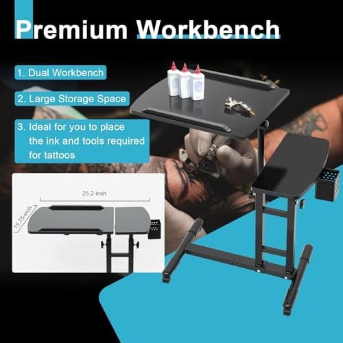 Mobile Tattoo Workstation Rolling Table Adjustable Height Salon Tool Stand