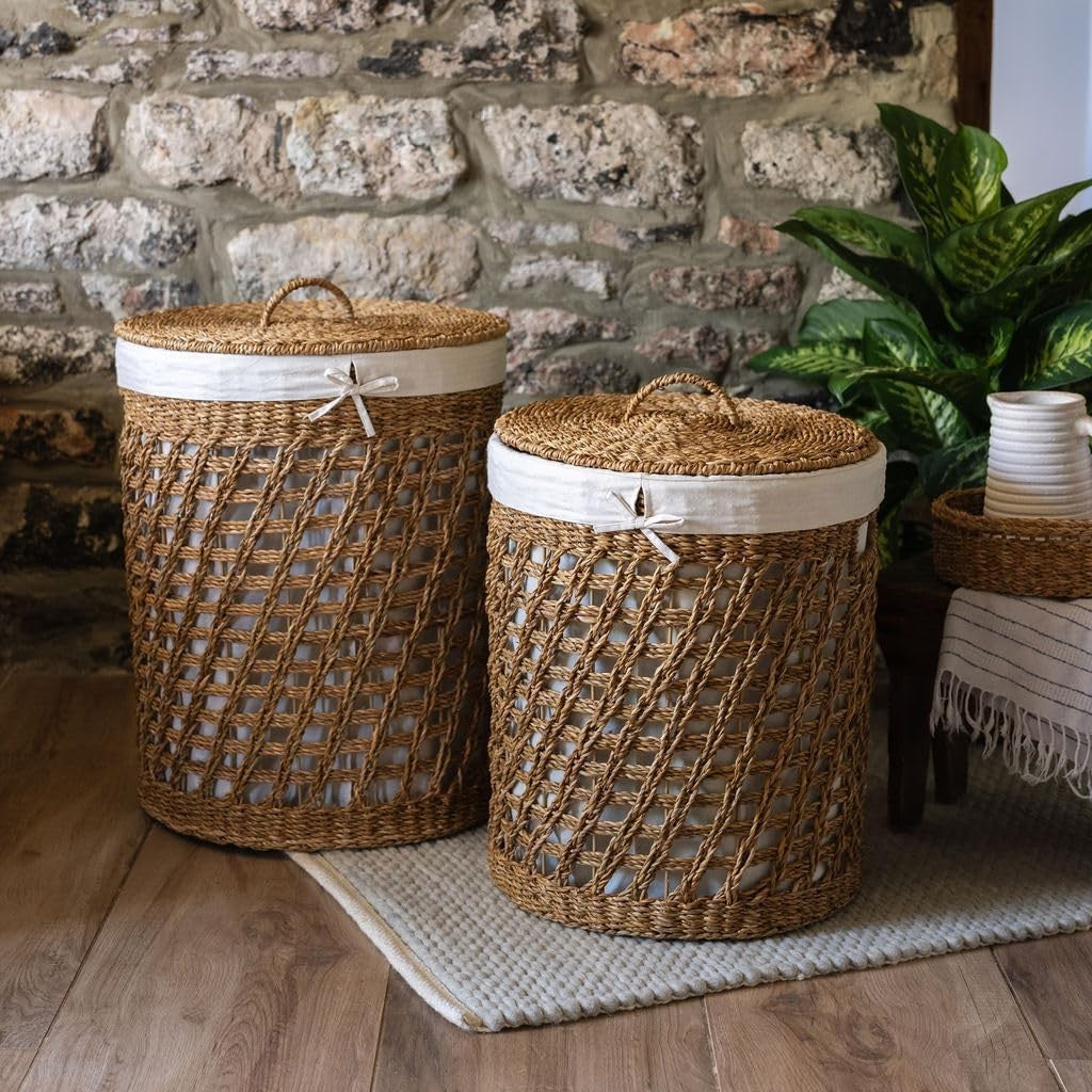 Extra Large Seagrass Laundry Basket with Lid & Cotton Liner – Handwoven Oval Sto