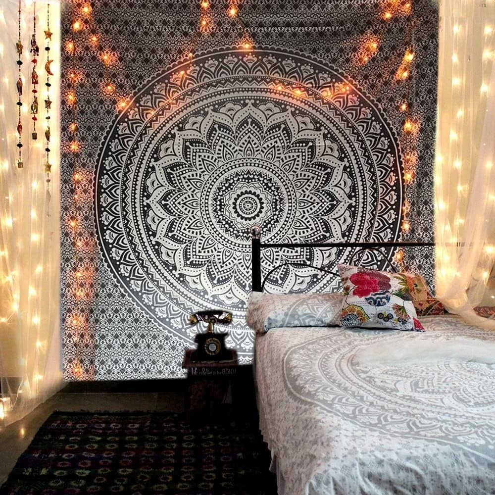 Black White Ombre Mandala Tapestry 82x87" Cotton Wall Hanging