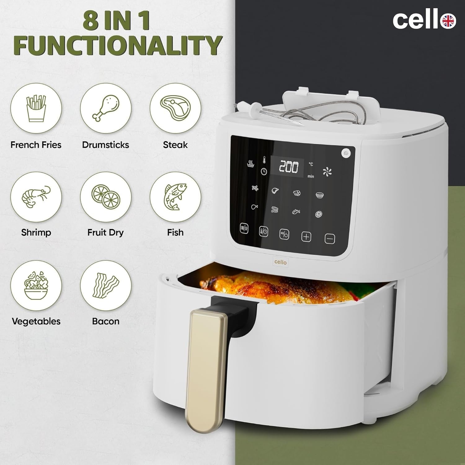 4L White Digital Air Fryer 1400W | ProChef Thermometer | 8 Presets | Compact