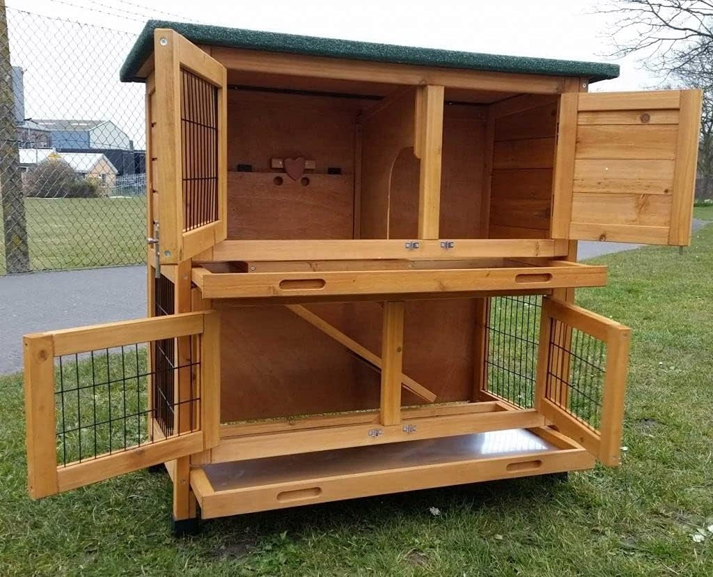 2 Tier Rabbit Hutch Outdoor With Cover Wooden Cage Trays Guinea Pig Run