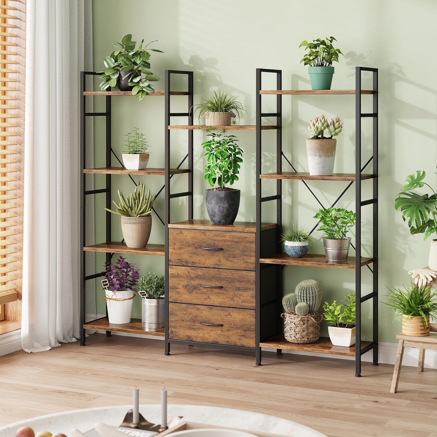 150cm Wide Tall 4-Tier Bookcase with 3 Fabric Drawers Industrial Storage