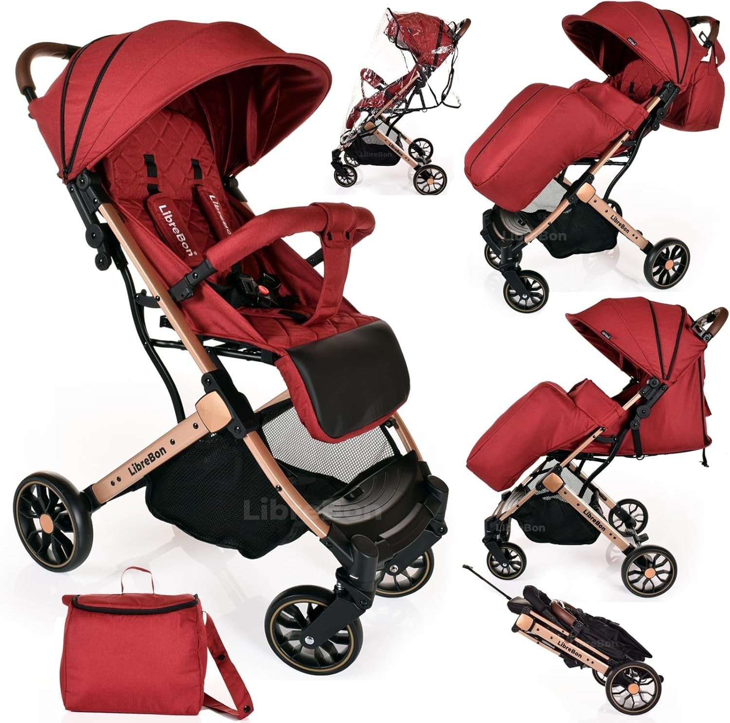 Lightweight Travel Baby Stroller One Hand Fold Compact Buggy Red Gold