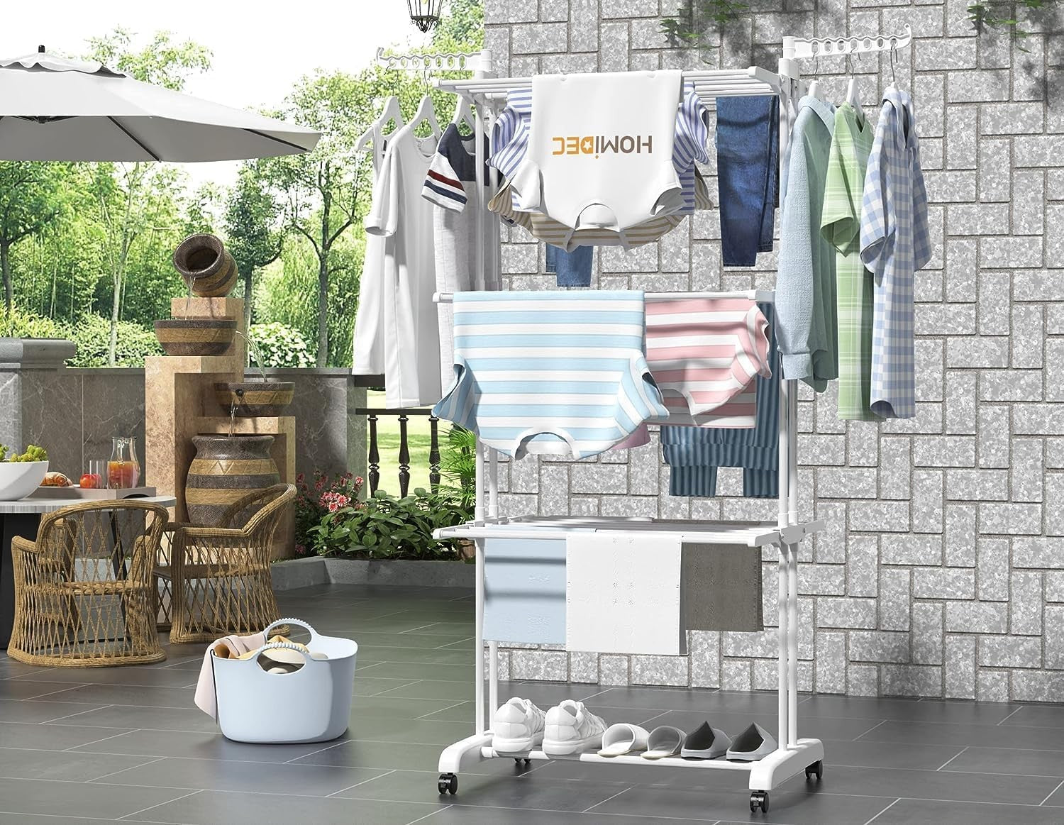 4 Tier Clothes Airer Stainless Steel Foldable Drying Rack with Wheels White