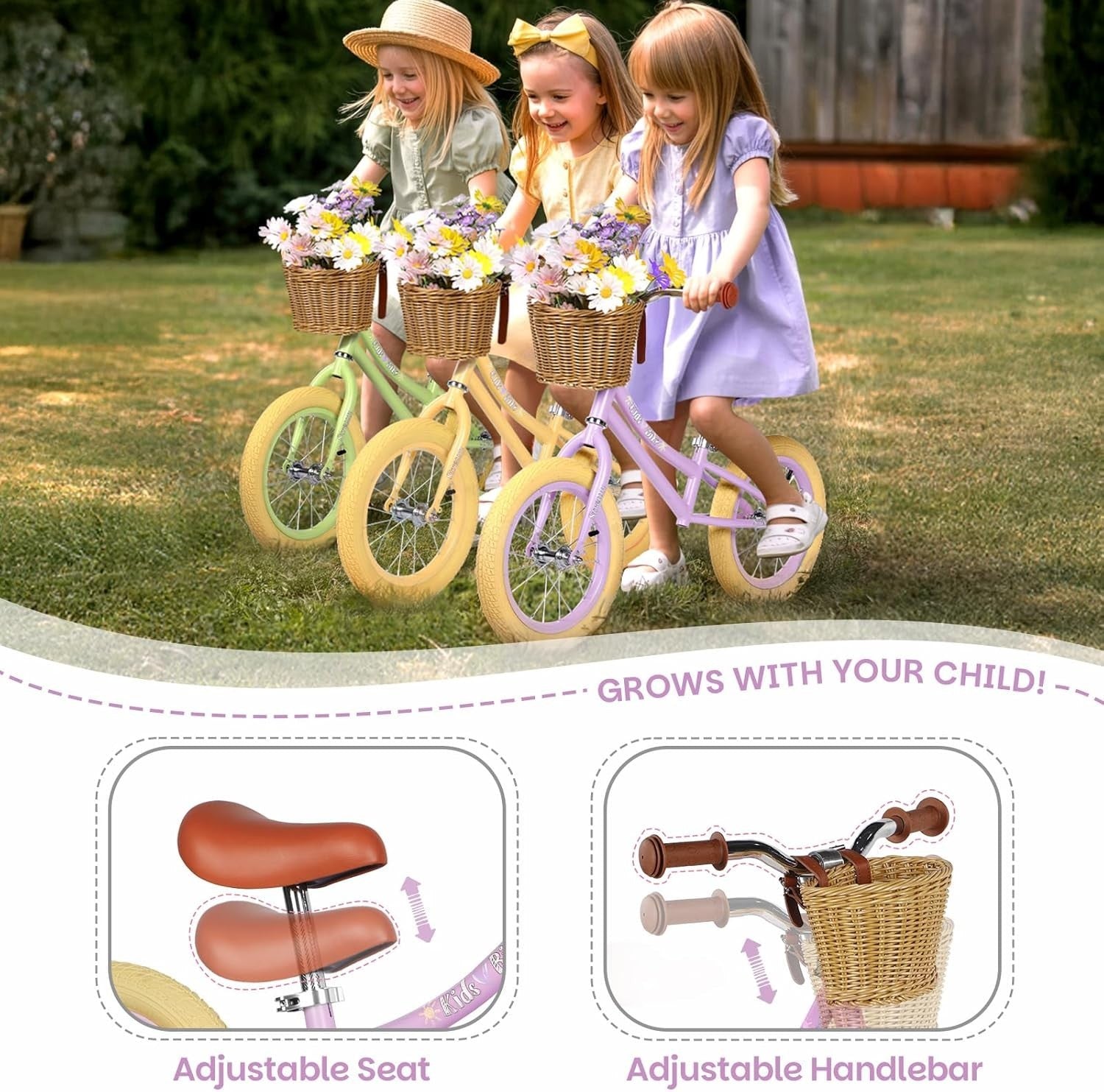 14" Kids Balance Bike Adjustable Seat Basket No Pedal Training Bike Purple