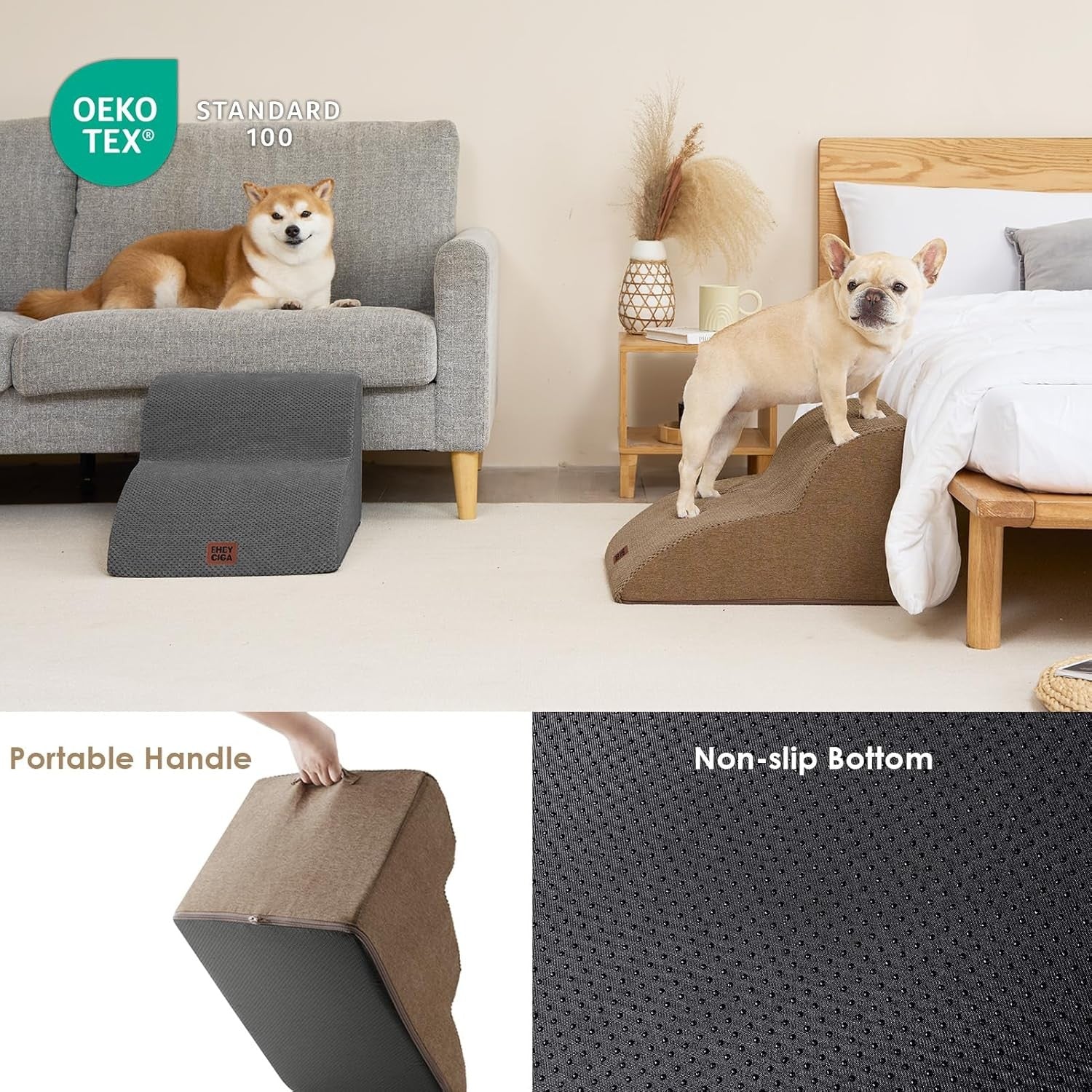 2 Step Dog Stairs for Sofa Non Slip Foam Pet Steps Washable Camel