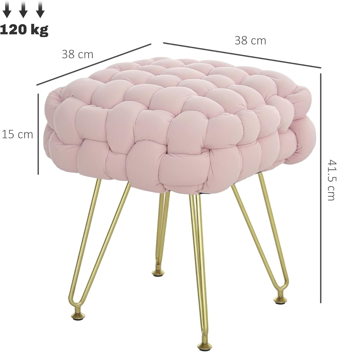 Pink Square Footstool Woven Velvet Ottoman Metal Leg Vanity Makeup Seat