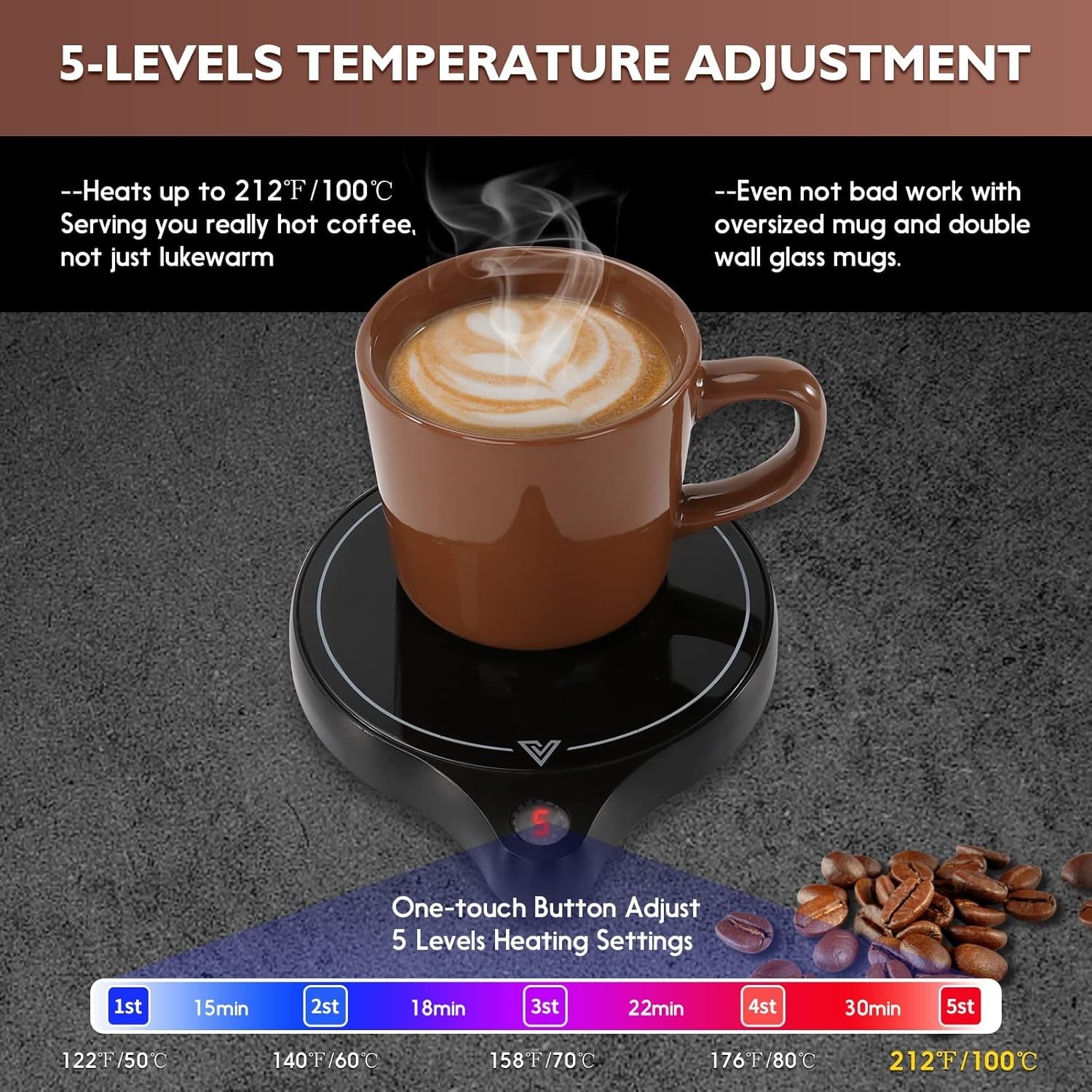 Black 200W Coffee Mug Warmer 5 Temp Desk Cup Heater 8H Auto Off