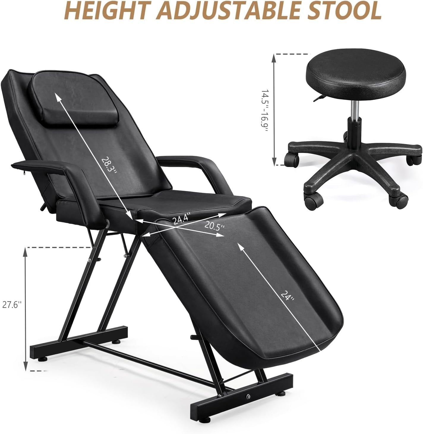 Adjustable 3-Section Massage Table with Stool Spa Facial Tattoo Beauty Bed Black