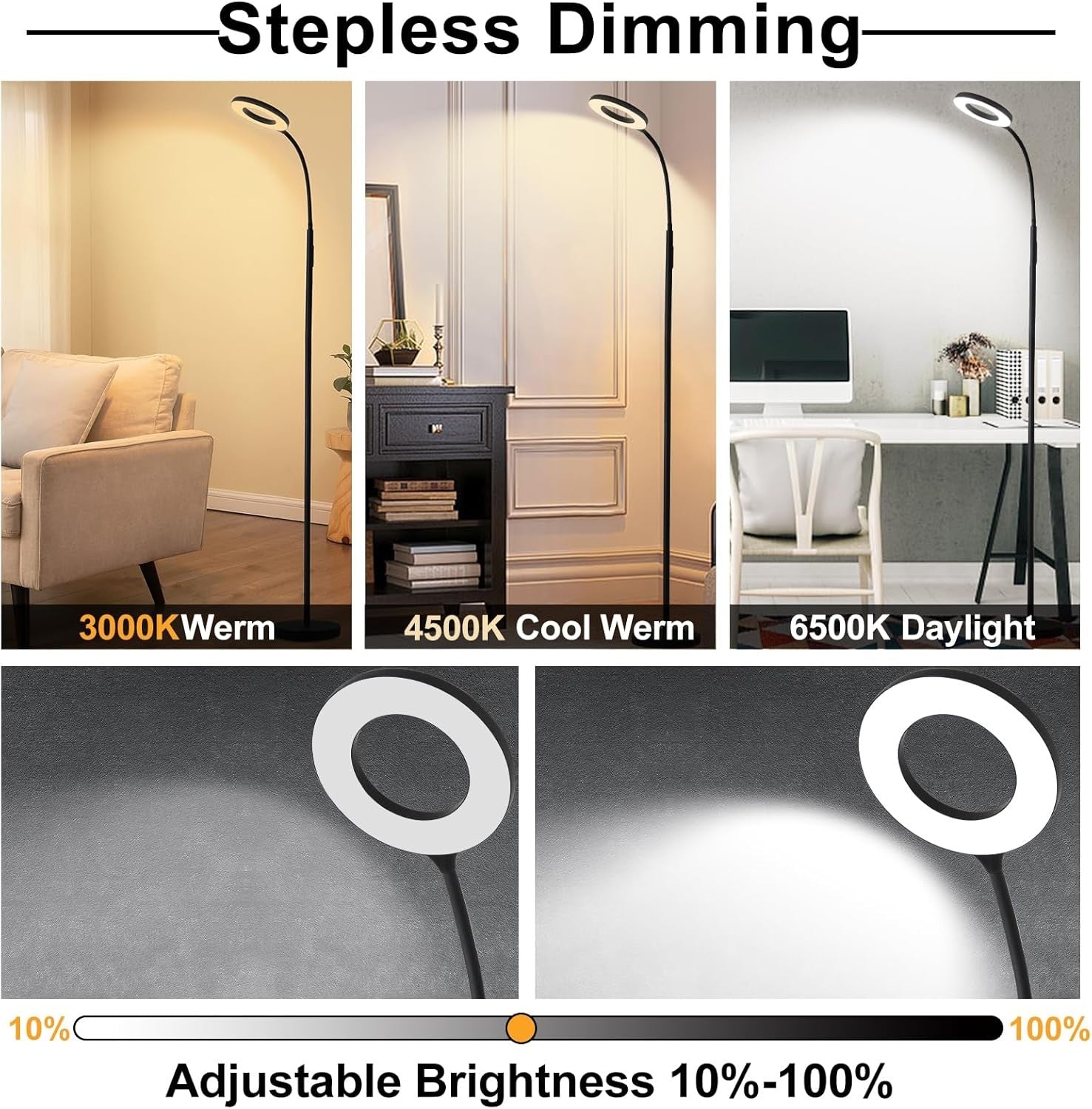 LED Reading Floor Lamp Remote Touch Dimmable Gooseneck Modern Ring Light