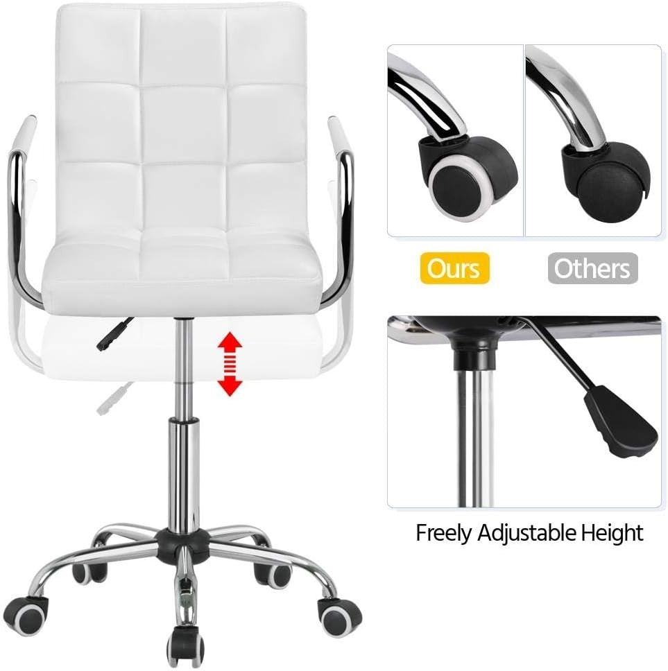 White Adjustable Office Chair Swivel Desk Chair Faux Leather Home Study Seat