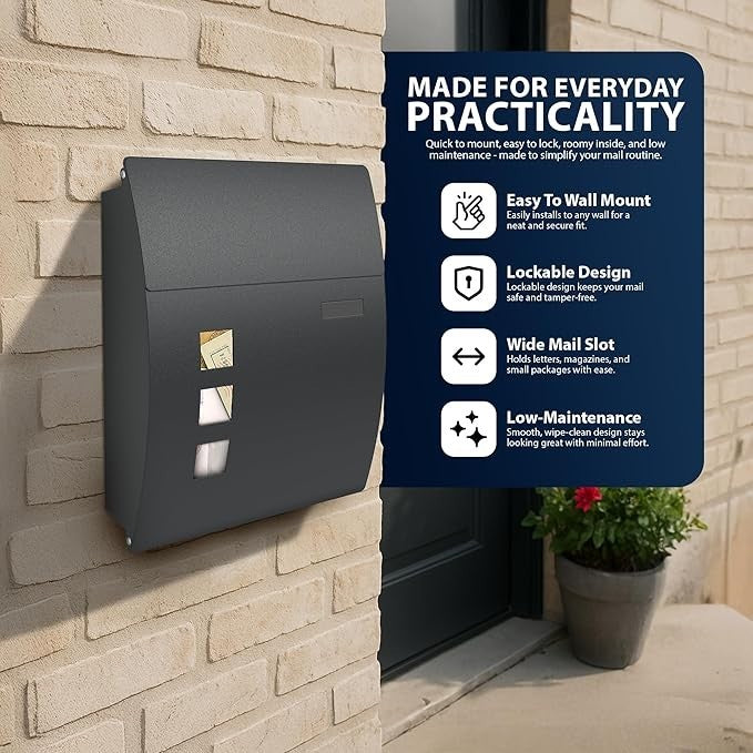 Wall Mounted Lockable Mailbox Waterproof Steel Post Box w/ Windows & Nameplate