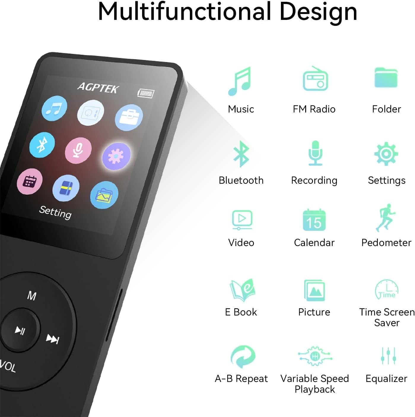 32GB MP3 Player Bluetooth 5.3 1.8" Screen Speaker FM 128GB