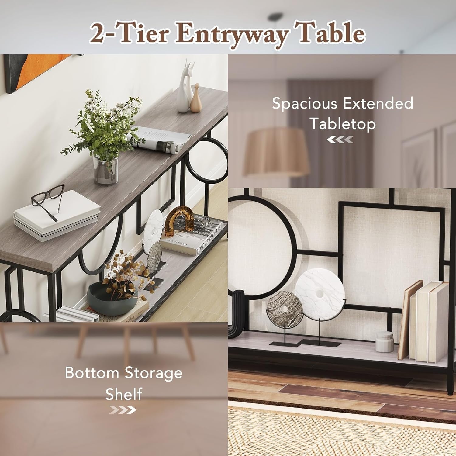Slim 2-Tier Console Table with Storage Shelf & Wood Grain Top, Black Frame