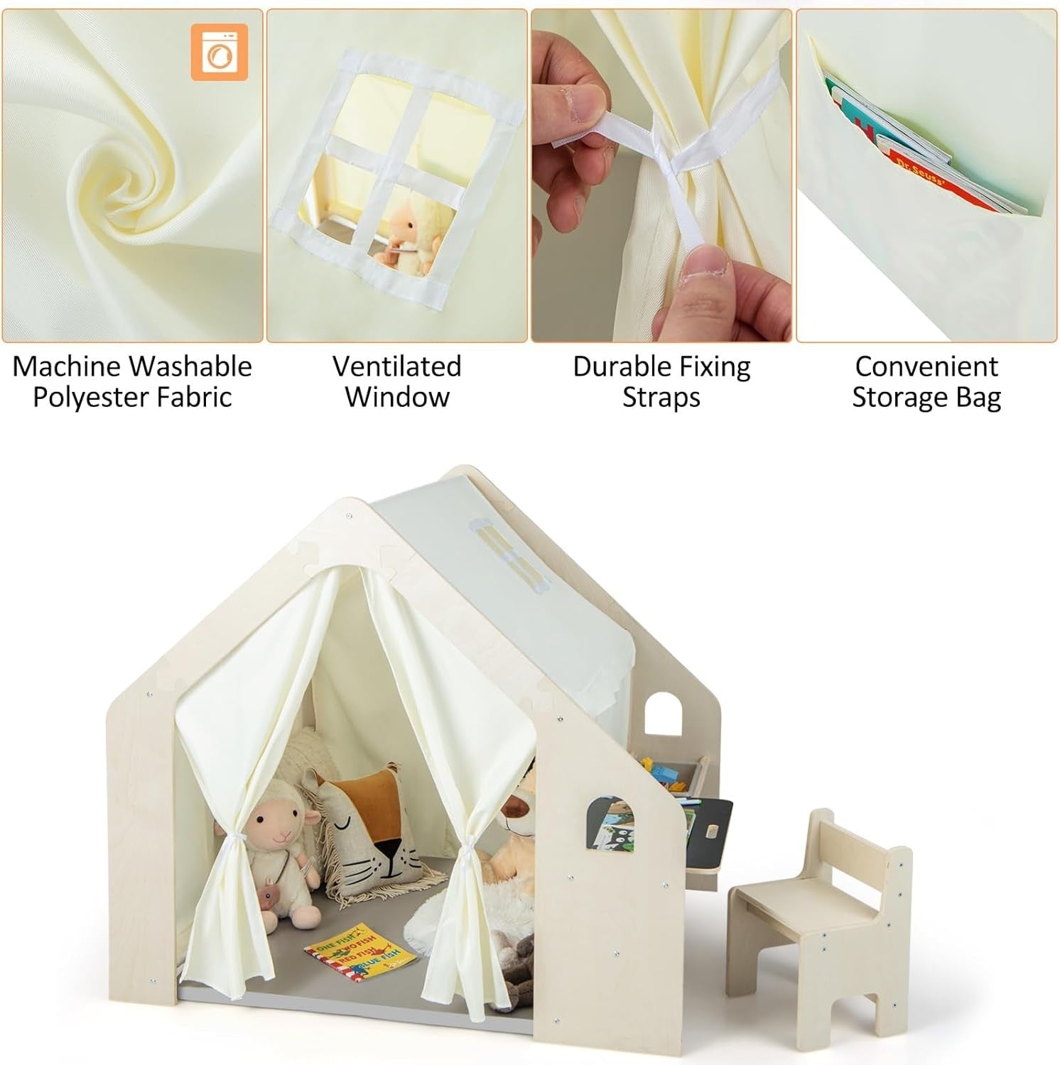 6 in 1 Wooden Kids Playhouse Tent w Desk Chair Blackboard Storage