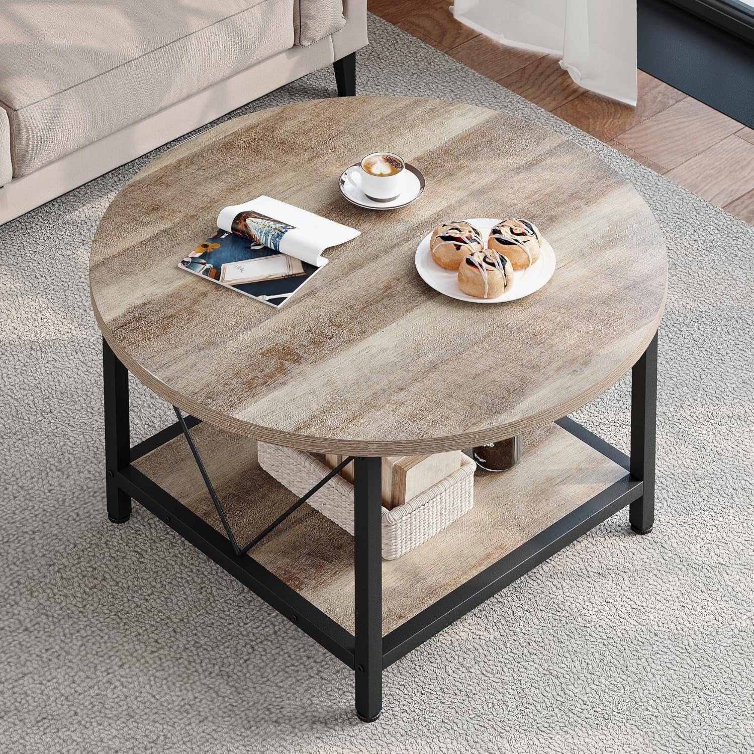 Round Coffee Table with Storage Shelf 80cm Industrial Rustic Metal Legs