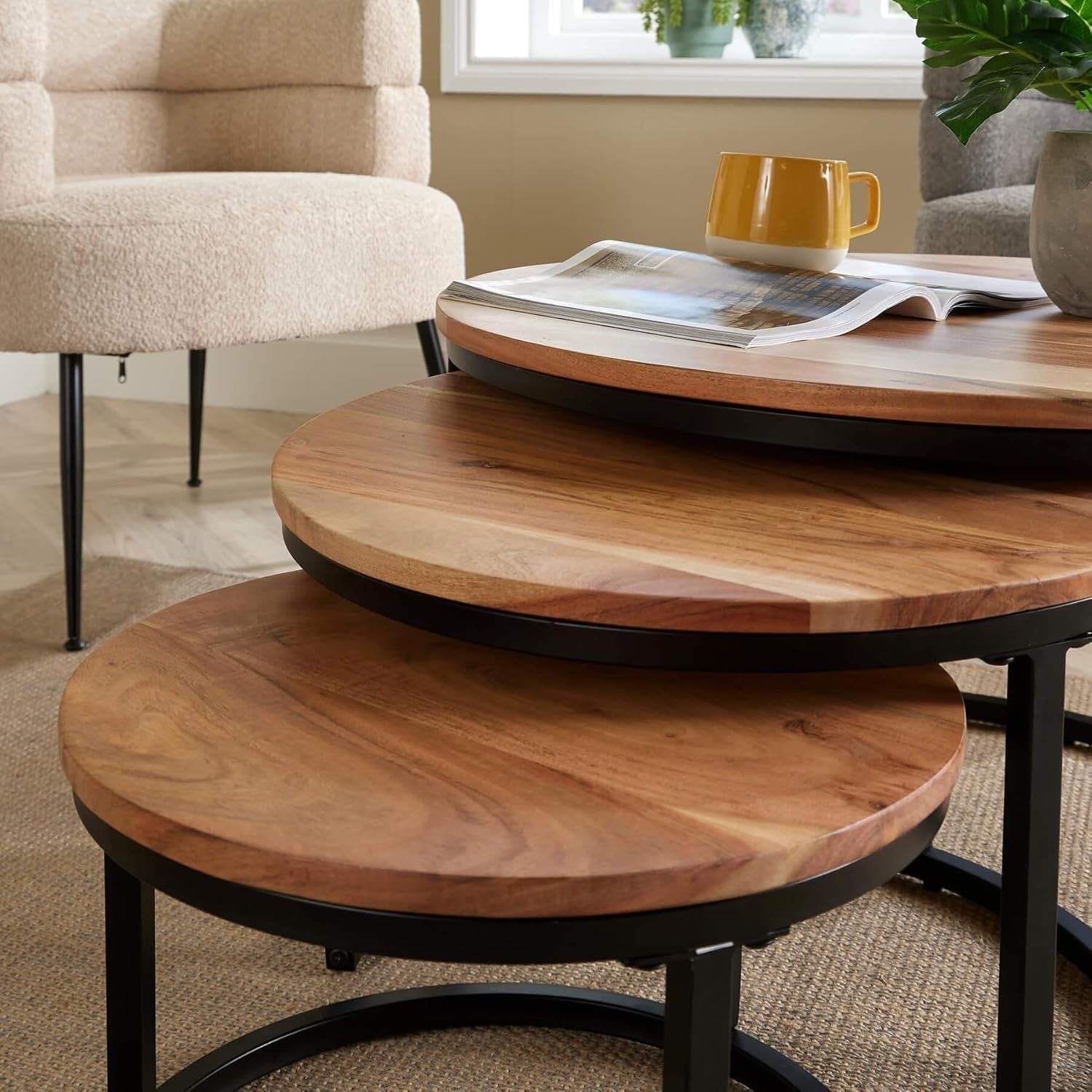 Nest of Tables 3PC Coffee Side End Round Industrial Wood Metal Living Room