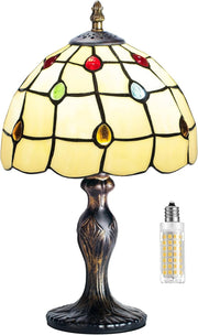 Vintage Stained Glass Table Lamp Crystal Beads Bedside Light for Home