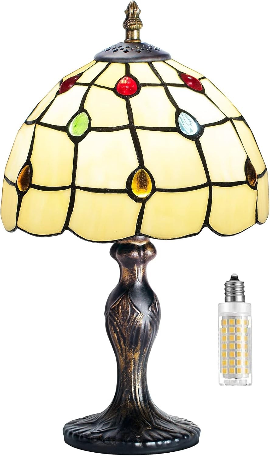 Vintage Stained Glass Table Lamp Crystal Beads Bedside Light for Home