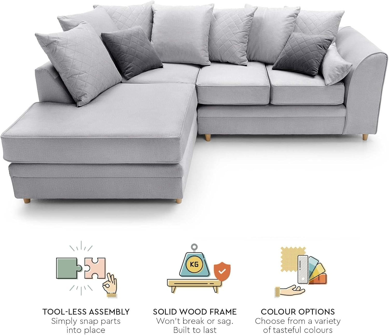 Light Grey L-Shaped Corner Sofa Velvet Fabric Water-Repellent 3 Seater