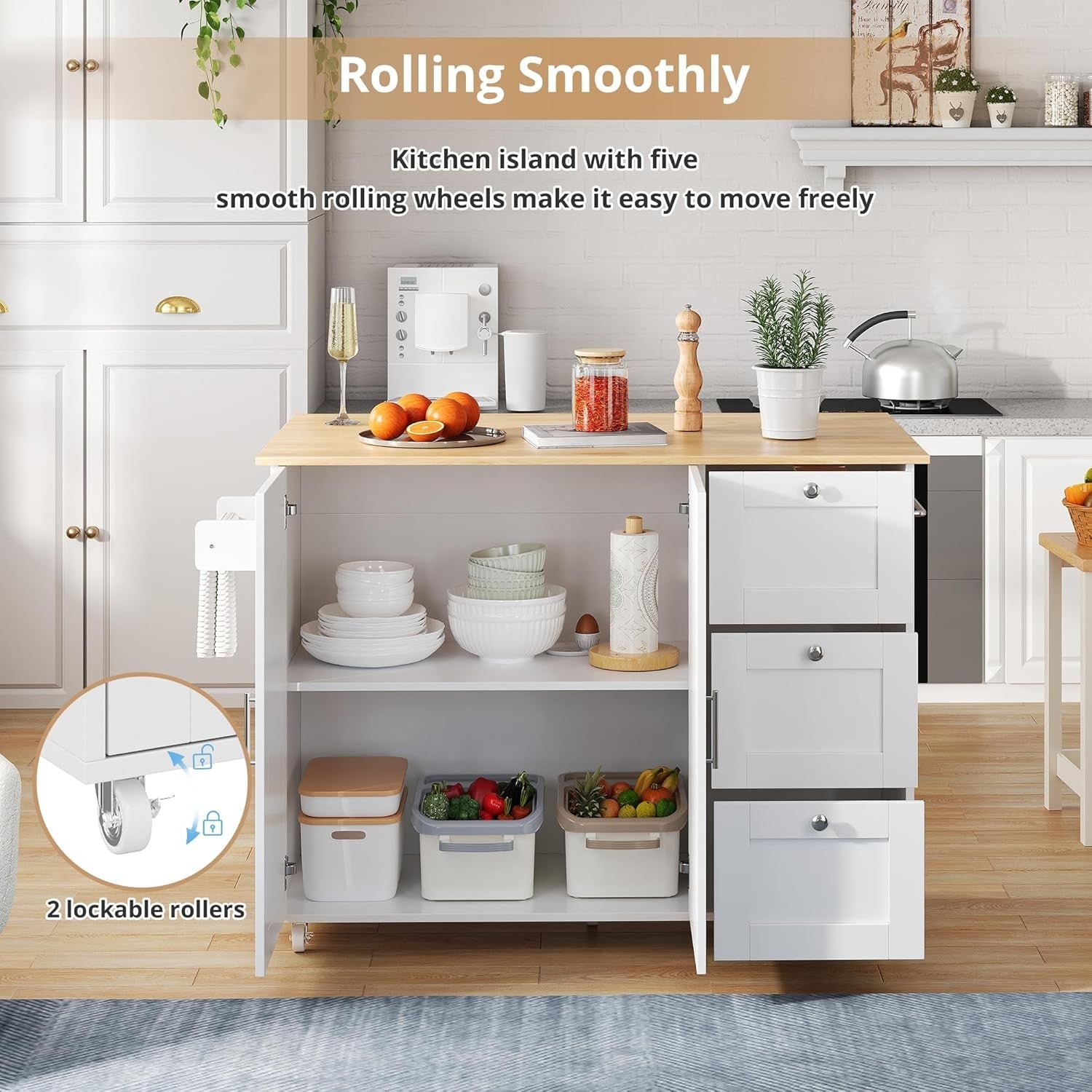Kitchen Island Trolley on Wheels with Foldable Tabletop Storage Drawers
