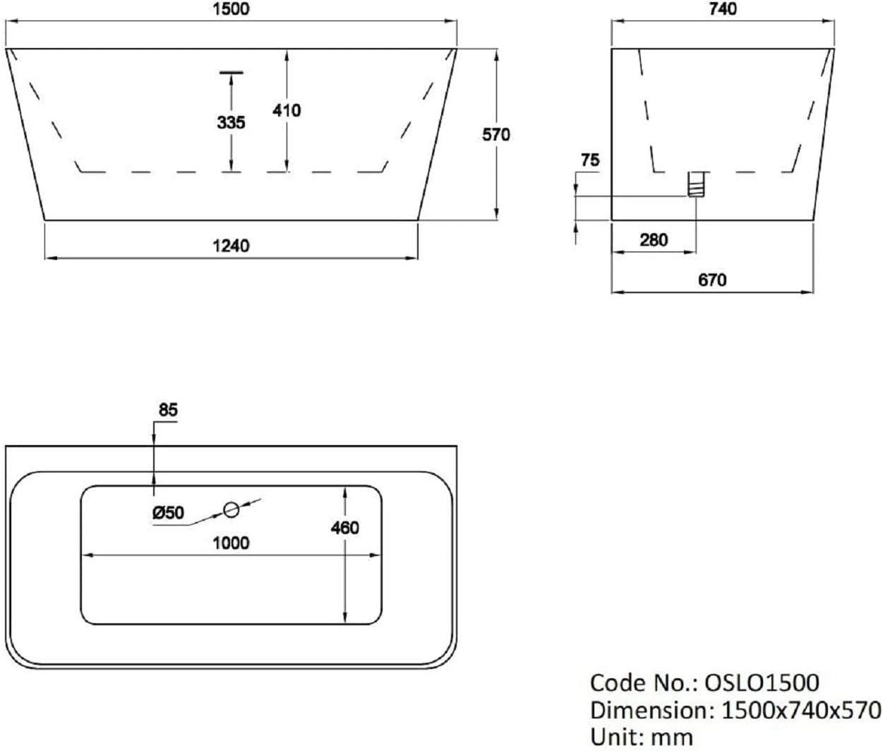 Freestanding Double Ended Square Back-to-Wall Bath White Modern Slimline