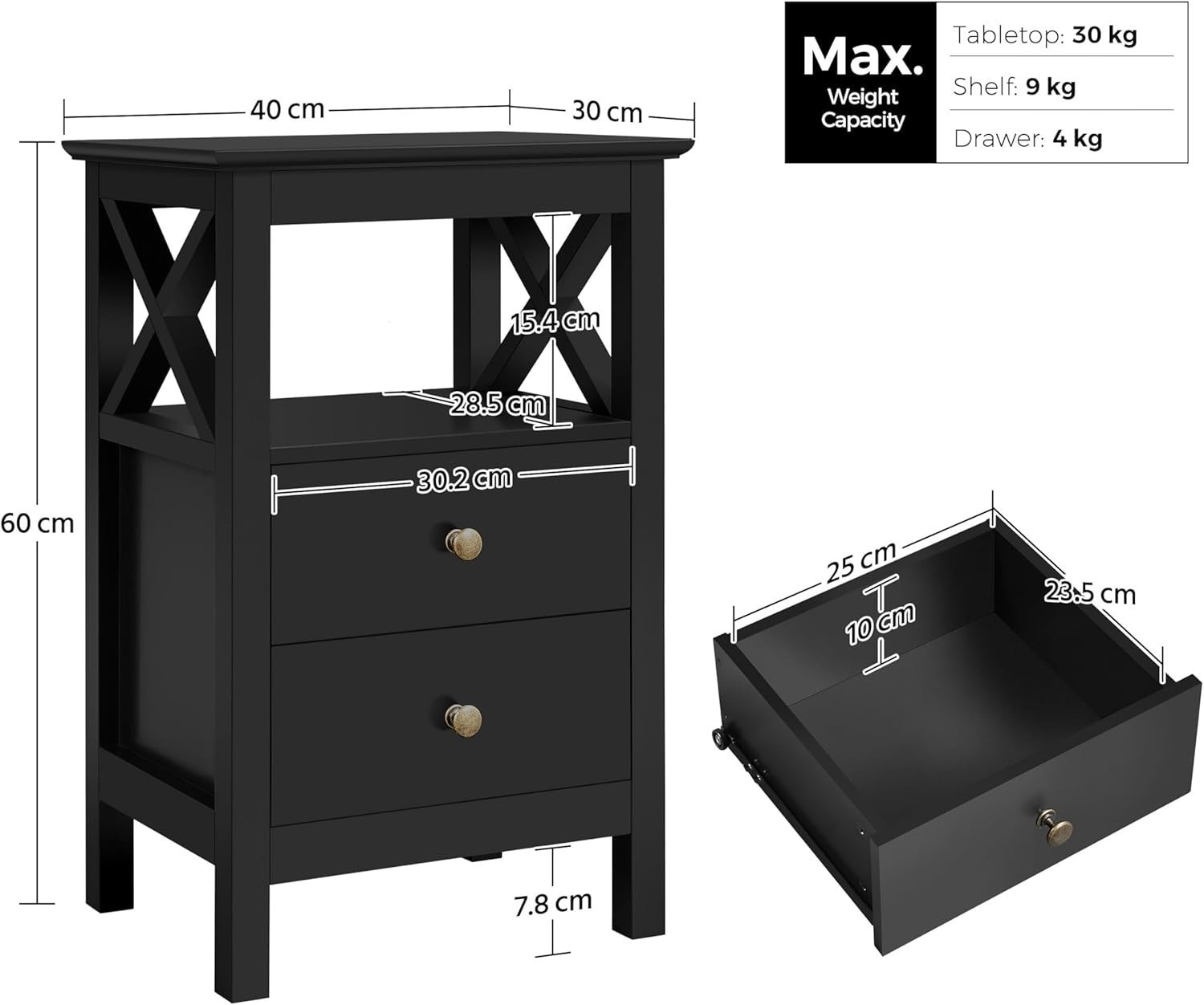 Set of 2 Black Bedside Tables with Drawers & Shelf | Modern Nightstands