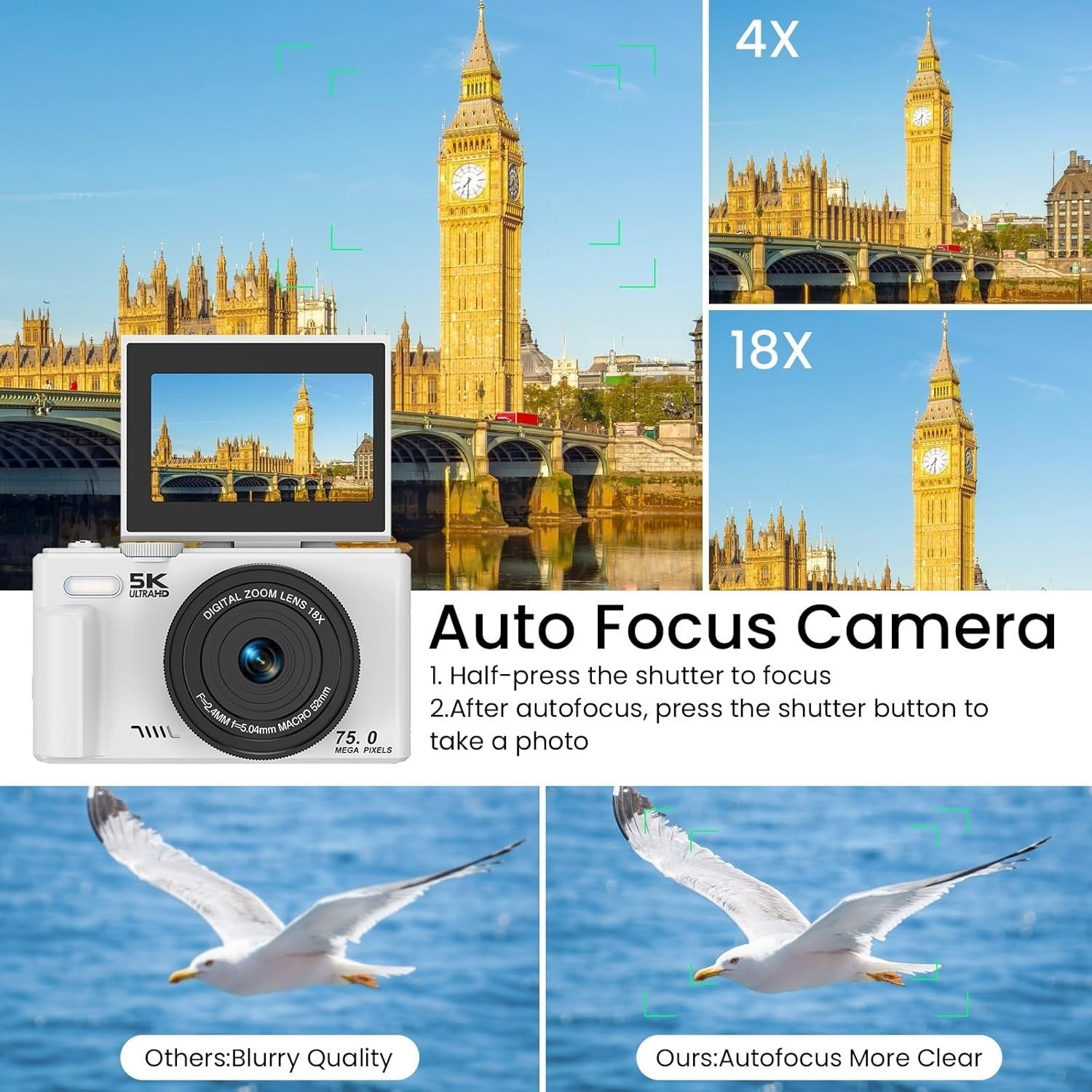 5K 75MP Digital Camera WiFi Vlogging Camera Flip Screen White