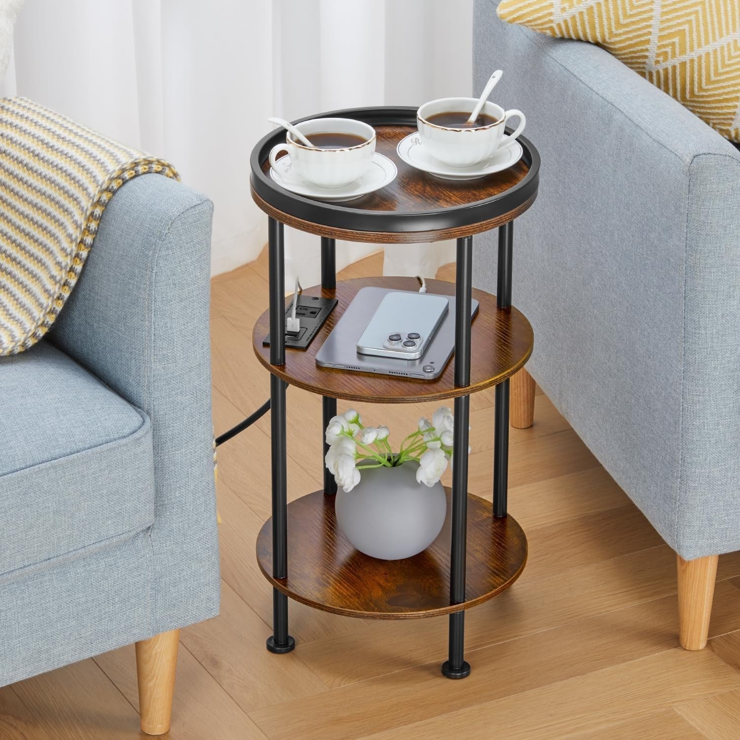Small Round End Table with USB & Power Outlets, 3-Tier Rustic Side Table
