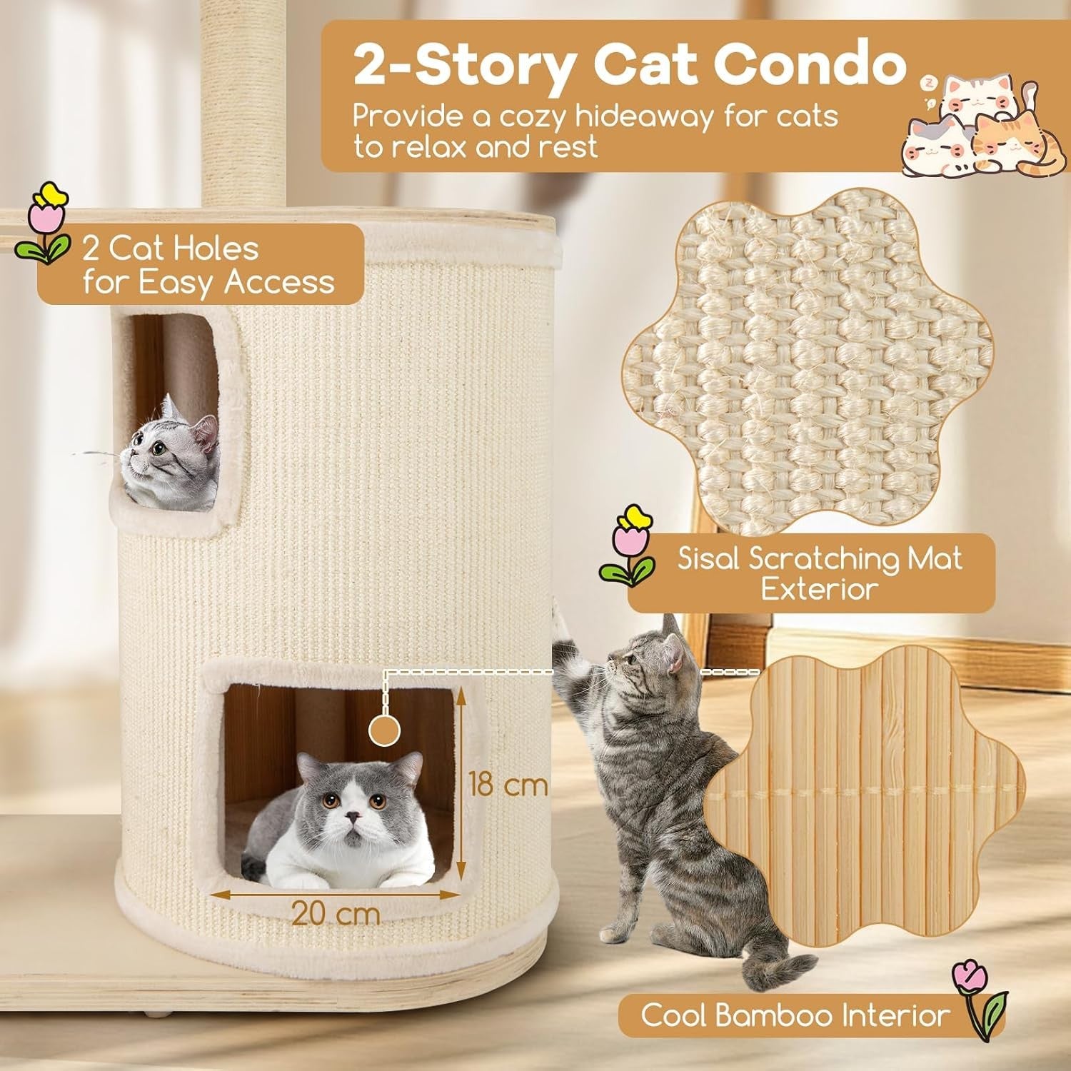 151cm Wooden Cat Tree with Condo Hammock Scratching Posts Indoor Climbing Tower