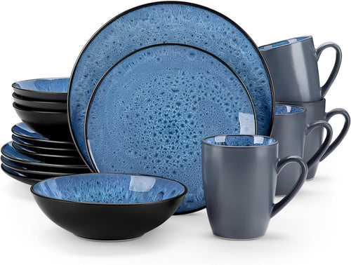 16pc Reactive Glaze Dinnerware Set Blue Plates Bowls Mugs Service for 4