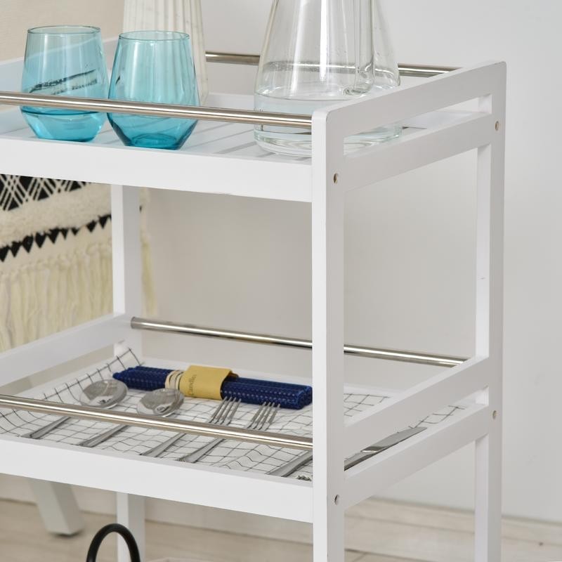 3-Tier Rolling Kitchen Trolley Cart with Steel Trays & Wheels – White