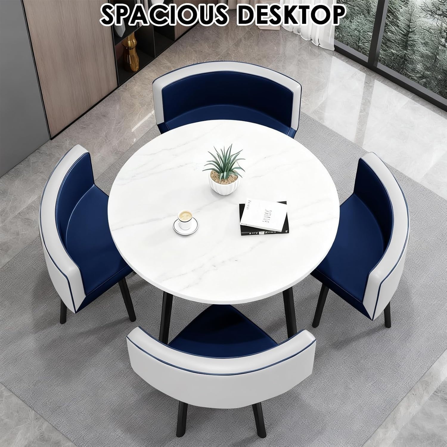 White 35.4" Dining Set w/ 4 Blue Chairs – Space-Saving Faux Marble Table