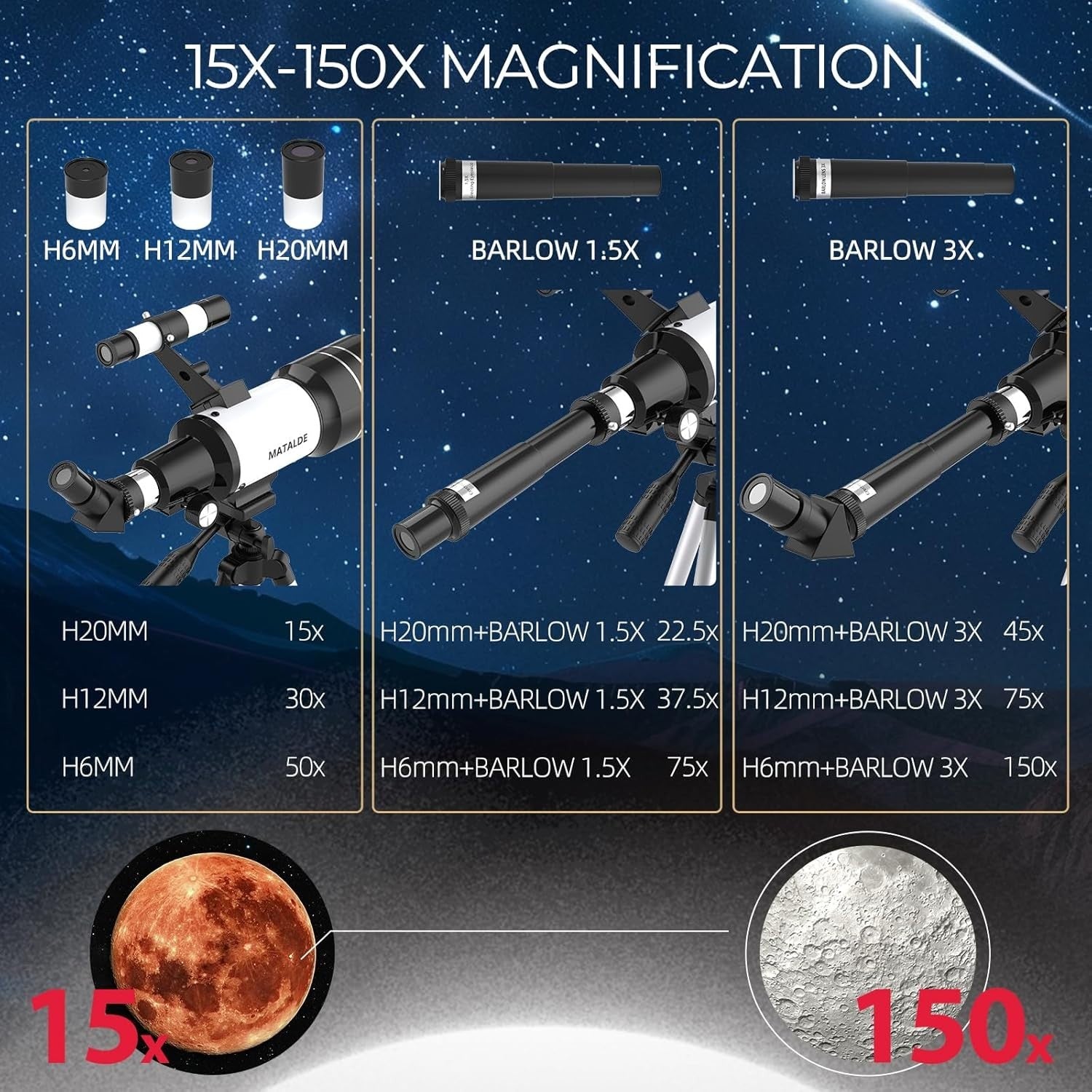 Beginner Telescope 70mm Refractor Astronomy Kit 15X-150X White Tripod