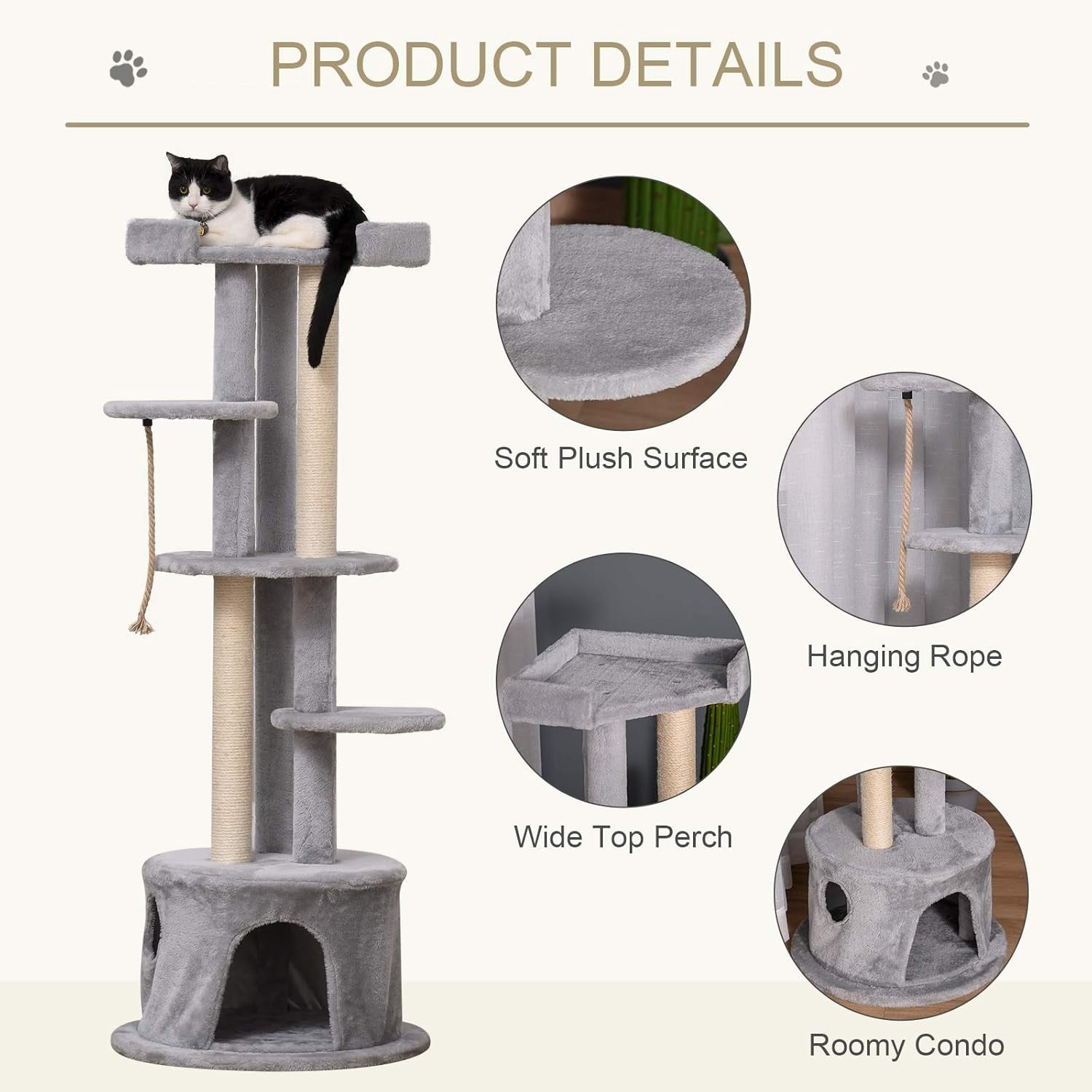Grey Cat Tree Tower with Condo Scratching Posts Tall Multi Level Play Perches